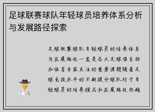 足球联赛球队年轻球员培养体系分析与发展路径探索
